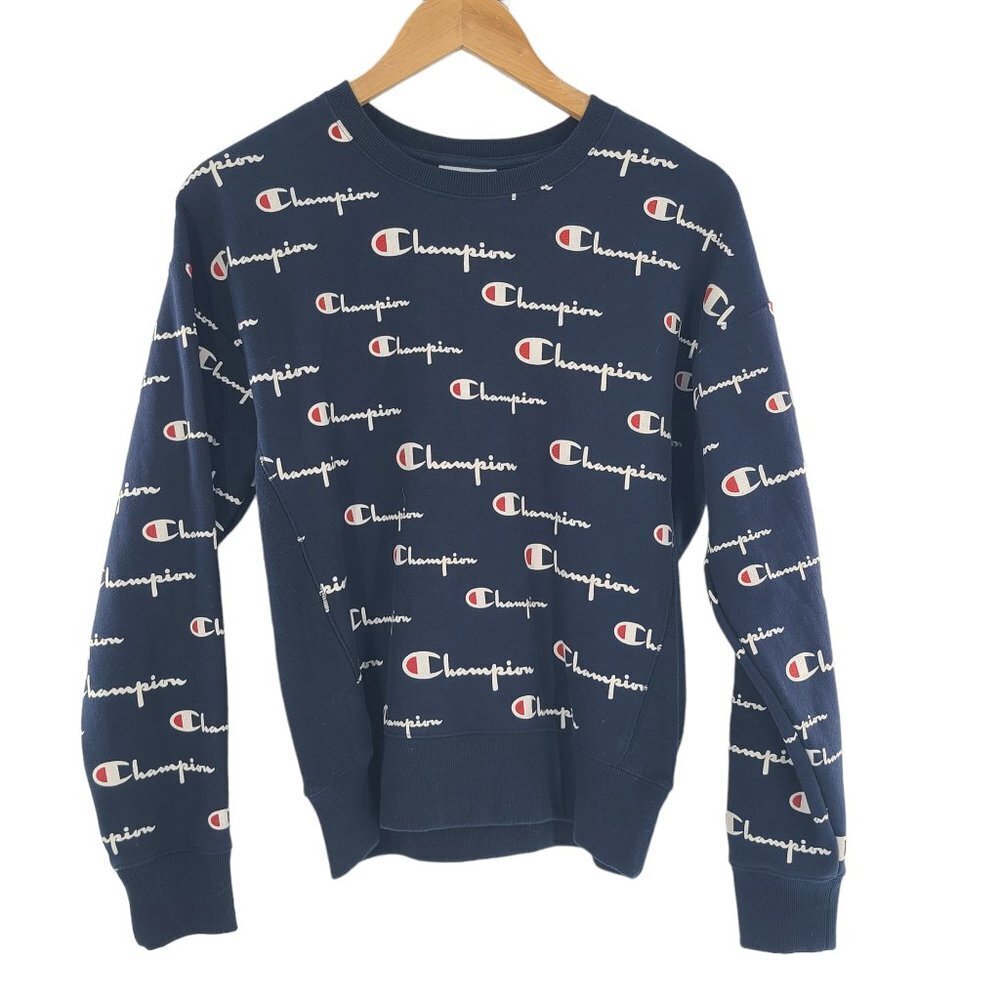 Champion Reverse Weave Navy Blue Logo Print Long Sleeve Sweat Shirt Top Medium